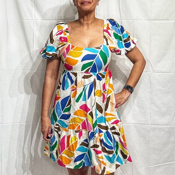 Tabitha Brown Vibrant Botanical Tropical Print Linen Blend Midi Dress Sz S - Picture 1 of 13